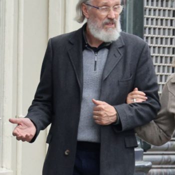 Stephen Brigstocke in grey wool coat, Disclaimer 2024
