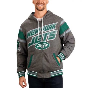 Gray New York Jets hoodie with team logos front and back