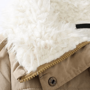 Stylish mid-length women’s winter coat with faux lamb wool lining in American Style