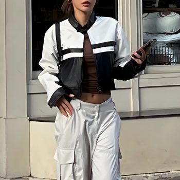Moto racing cropped leather jacket with bold design in USA
