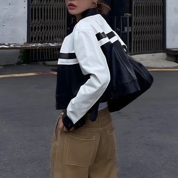 Women's cropped leather jacket for moto racing style in American Market
