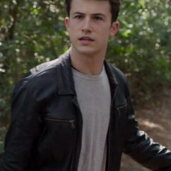 Leather jacket fashion on Dylan Minnette from 13 Reasons Why in American style