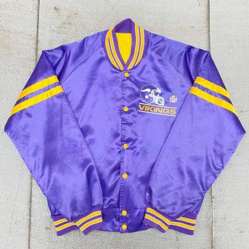 Front view of 1980s Minnesota Vikings Spellout bomber jacket