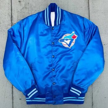 Blue jacket with a logo on a concrete surface in USA