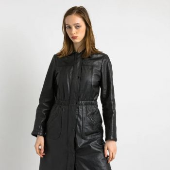 Fitted black autumn leather coat with classic 80s style in USA