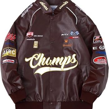 Oversized faux leather motorcycle jacket with racing patches in USA