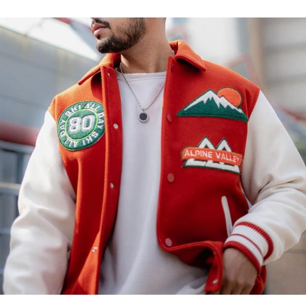 All Day Ski 80 varsity jacket side view in American market