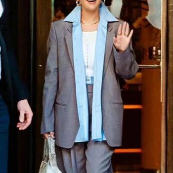 Selena Gomez grey blazer fashion style in USA