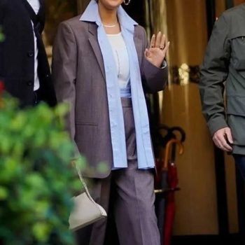 Chic grey blazer worn by American singer Selena Gomez in France style