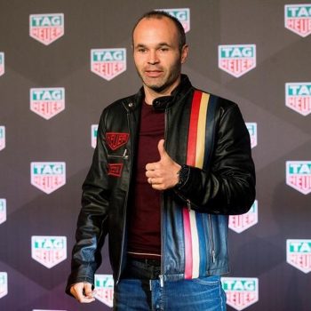 Andrés Iniesta's dapper leather jacket from The Jackets Seller in USA market