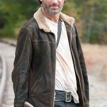 Andrew Lincoln wearing brown leather jacket, The Walking Dead Season 5.