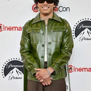 Green leather jacket fashion on Anthony Ramos in American style