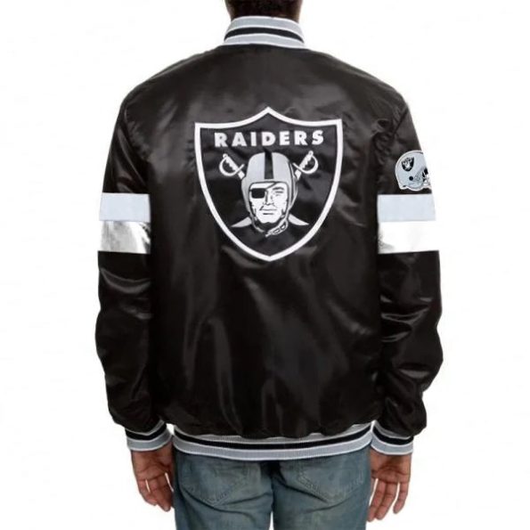 Front view of Antonio Pierce Raiders jacket with RAIDERS lettering in USA