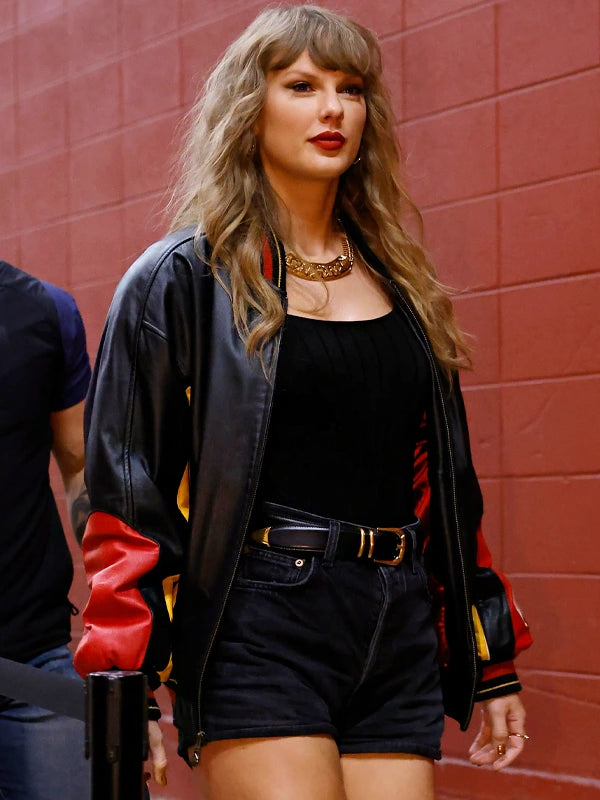 Taylor-Swift-Chiefs-Vintage-Leather-Bomber-Jacket Black Anya Taylor Joy Celebrity Leather Jackets USA Market