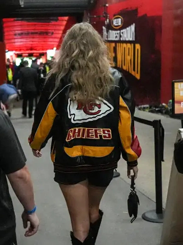 Taylor-Swift-Kansas-City-Chiefs-Leather-Bomber-Jacket-Black Women Kansas Chiefs Anya Taylor Joy Celebrity Leather Jackets USA