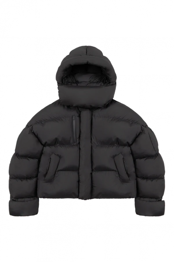 Stylish ash black puffer jacket with front zipper in USA