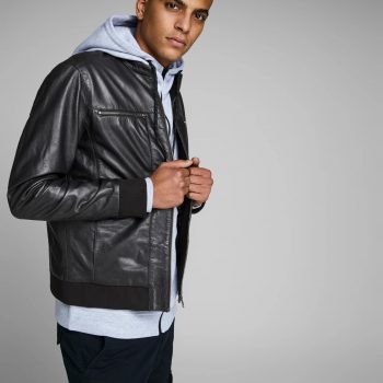 Black Astounded Rib Leather Jacket For Men