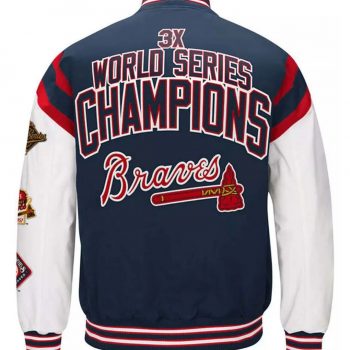 navy and white braves satin varsity jacket