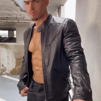 Austin Theory black biker leather jacket