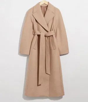 Cozy belted wool-blend overcoat with wide lapels in USA