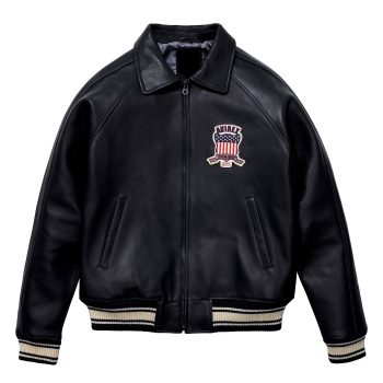 A black Avirex leather bomber jacket with a striped rib hem and cuffs, front chest pockets, and a crest on the left chest area.