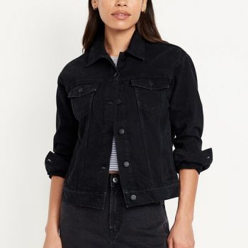 Black classic jean jacket with button-down front in USA