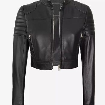 Women's black cropped leather cafe racer jacket in USA
