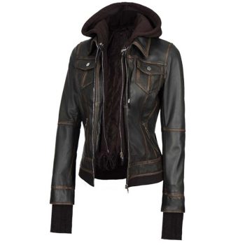 TJS Black Genuine Lambskin Hooded Bomber Jacket
