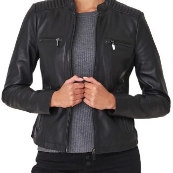 Women's classic black leather biker jacket in USA