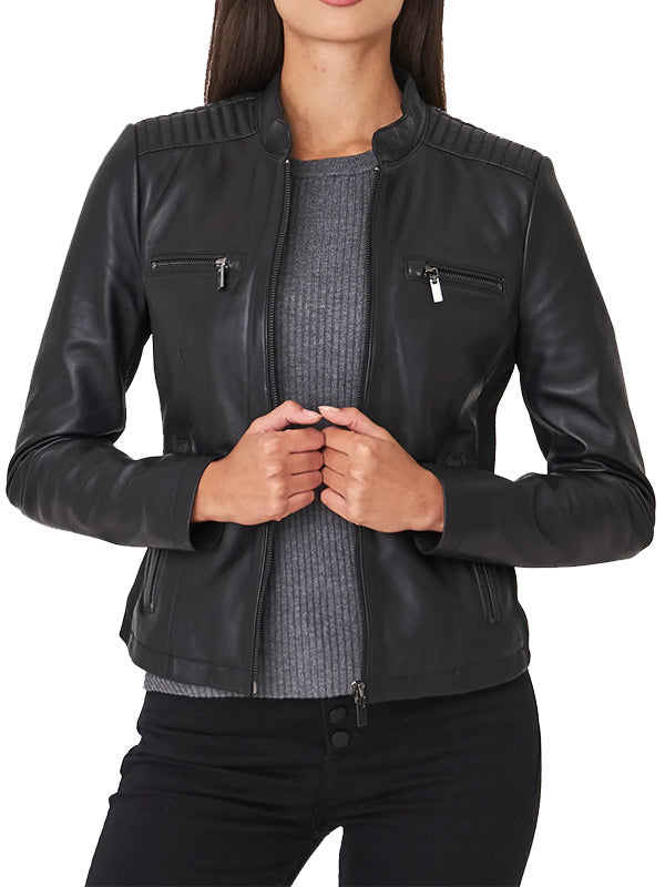 Black-Leather-Biker-Jacket-Womens-Front Women's classic black leather biker jacket in USA