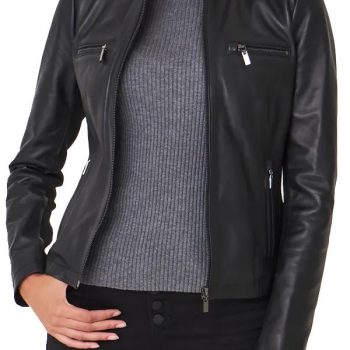 Stylish black moto jacket for women in France style