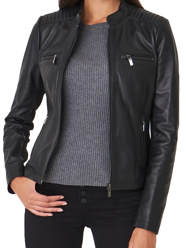 Black-Leather-Biker-Jacket-Womens-Front-1 Stylish black moto jacket for women in France style