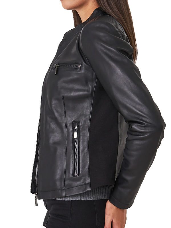 Black-Leather-Biker-Jacket-Womens-Side Edgy black biker-style jacket for ladies in American market