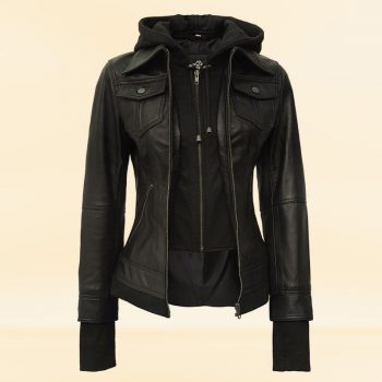 Stylish black leather bomber jacket with hood in USA