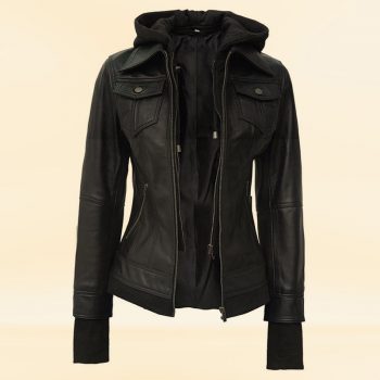 Men's black leather bomber jacket featuring a hood in USA