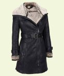Black Leather Shearling Mid-Length Coat