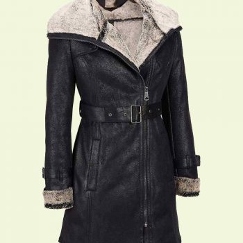 Black Leather Shearling Mid-Length Coat