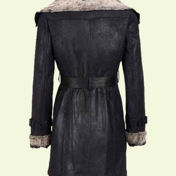 Black Leather Shearling Mid-Length Coat for women in USA
