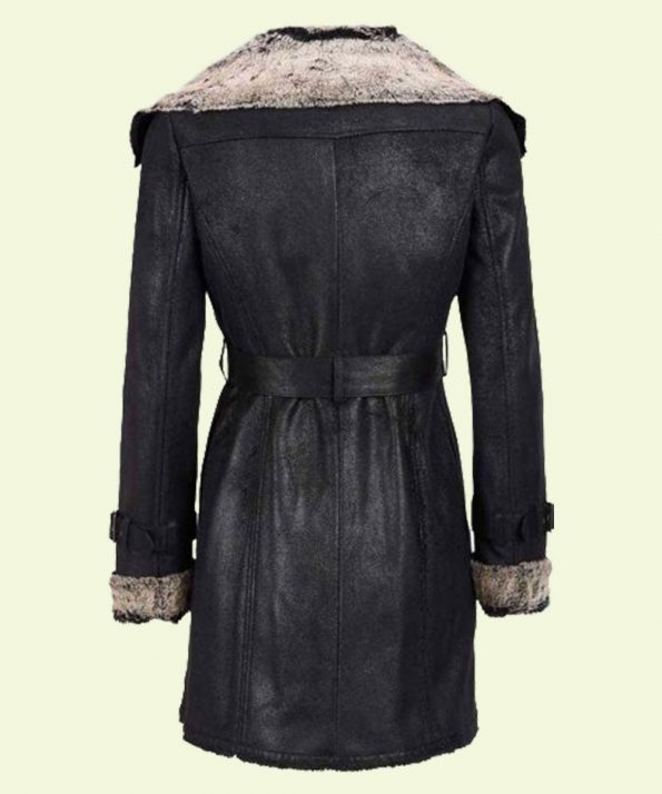 Black Leather Shearling Mid-Length Coat for women in USA
