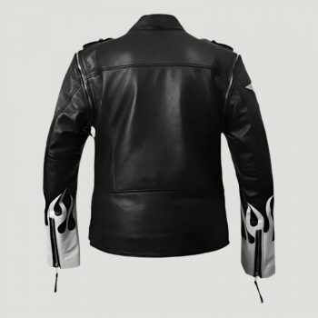 Flaming Hot Black Leather Jacket in White Accents in UK style