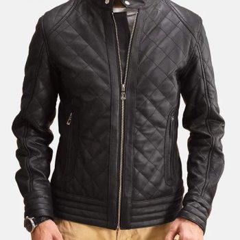 Men's black leather quilted jacket with zippered front