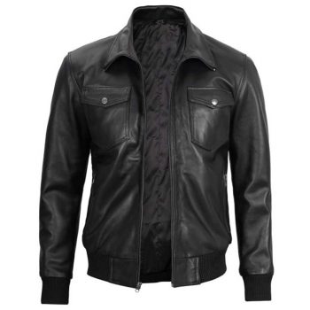 Black men's leather bomber jacket with hood