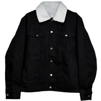 Black denim shearling jacket for men and women with button closure and fur collar