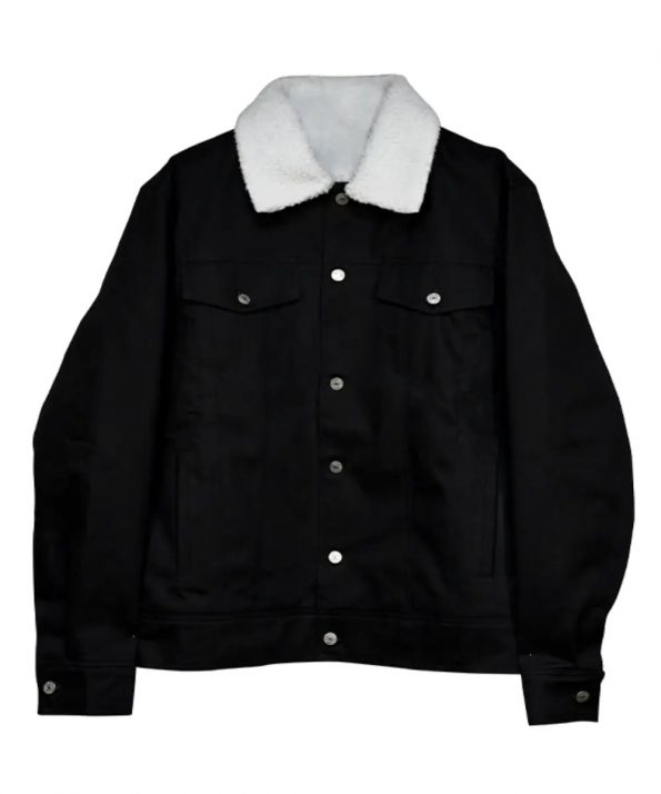 Black denim shearling jacket for men and women with button closure and fur collar