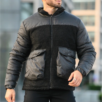 Black sherpa puffer jacket with cozy lining in USA