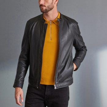 Sleek Black Signature Leather Racer Jacket in USA market