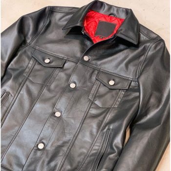 Trendy black leather trucker jacket for men in USA