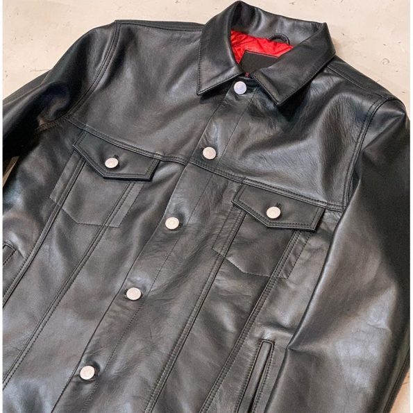 Slim fit black trucker leather jacket for casual style in USA