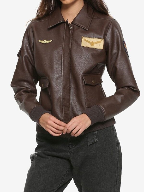 Carol-Danvers-Captain-Marvel-Flight-Bomber-Leather-Jacket Brie Larson Captain Marvel Flight Bomber Leather Jacket in USA