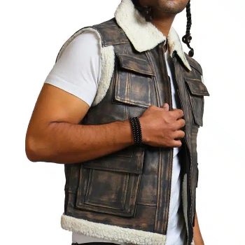 Brown waxed faux fur leather vest in USA